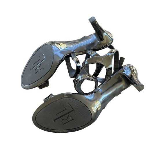Ralph Lauren Jacquelle Size‎ 8 Strappy Black Patent Leather Heels Shoes Buckle - Picture 9 of 11